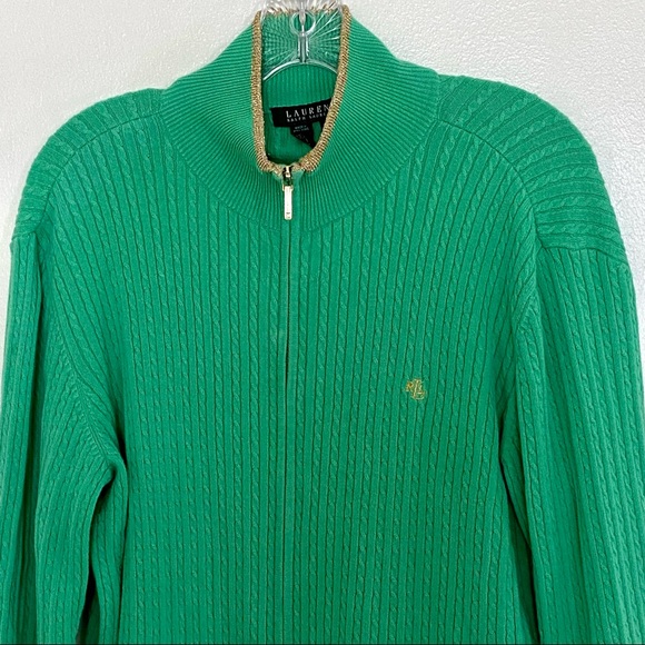 Ralph Lauren Cable Knit Zip Cardigan Sweater  Green Gold Trim Collar Vintage XL - Picture 3 of 10